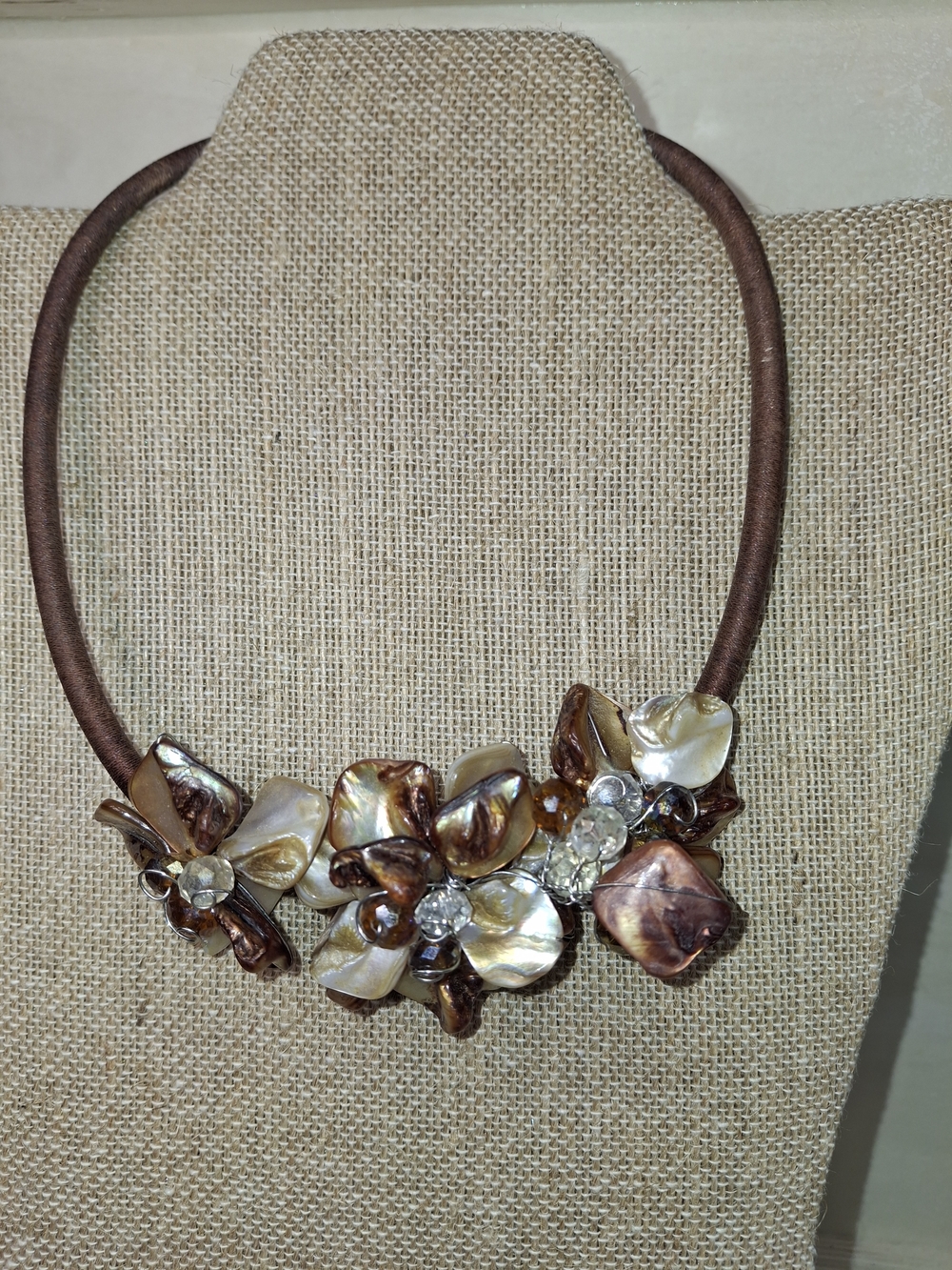 Handcrafted Brown and Cream Shell Flower Necklace